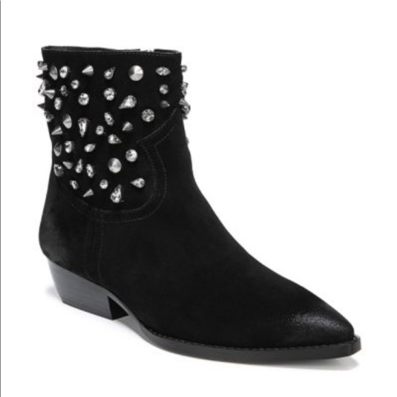 SAM EDELMAN Avril Black Suede Crystal Studded Ankle Rock Booties Size 7.5 - Picture 1 of 7